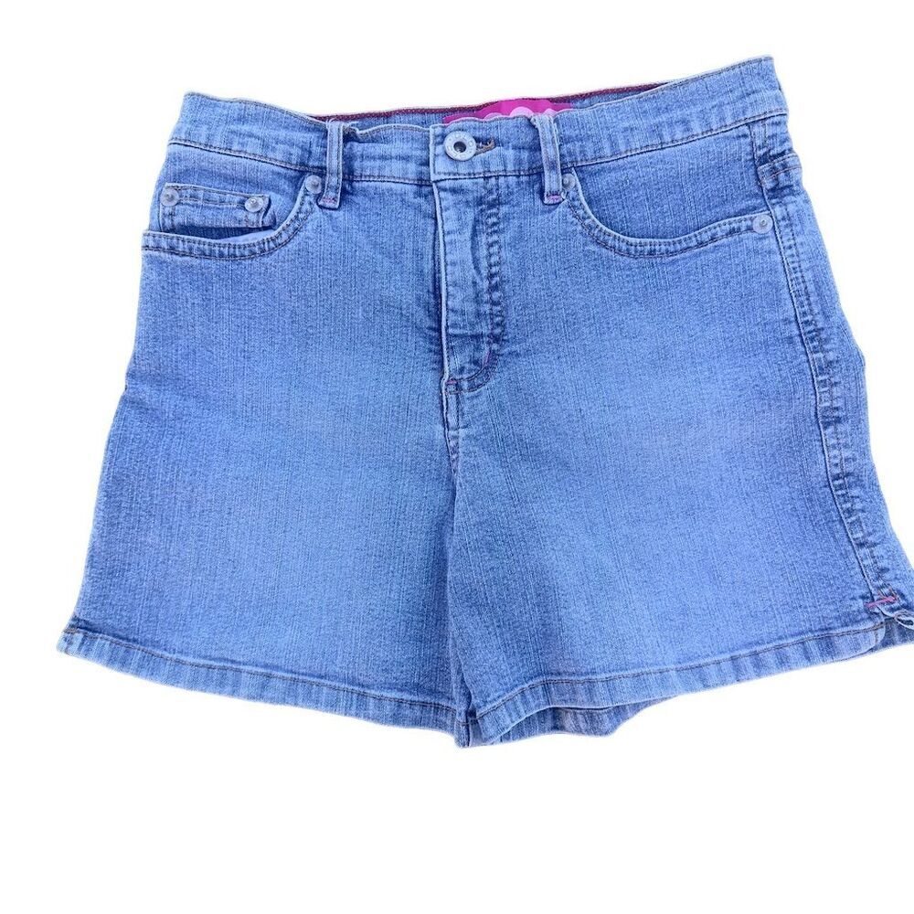 GLO Girls Denim Jean Shorts Size 14 Blue Medium Wash Pink Embellished Pockets